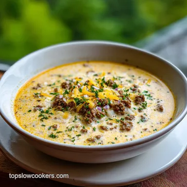 Crock Pot Cheeseburger Soup Recipe for 6 Servings Recipe Card