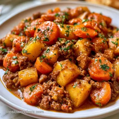 Easy Slow Cooker Hamburger Stew for 8 Recipe Card