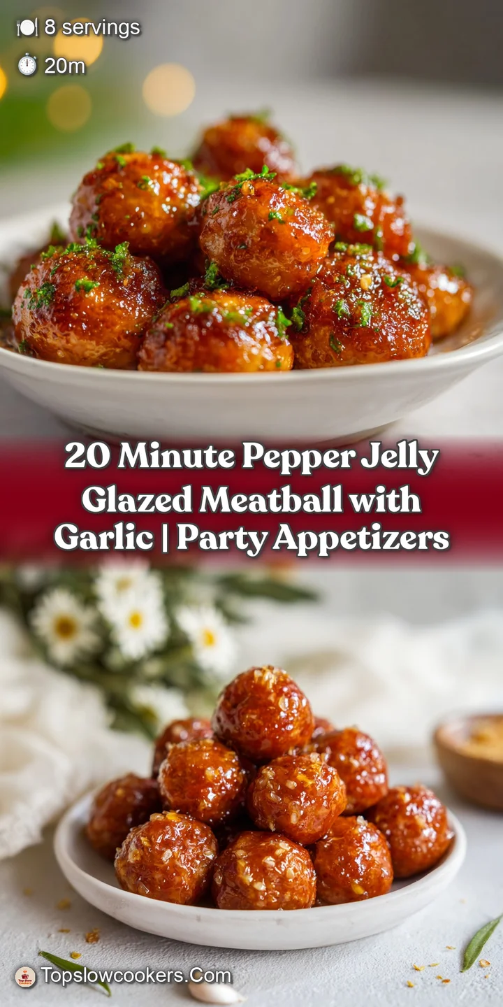 Close-up of a succulent, glazed meatball bursting with rich, sticky pepper jelly sauce.