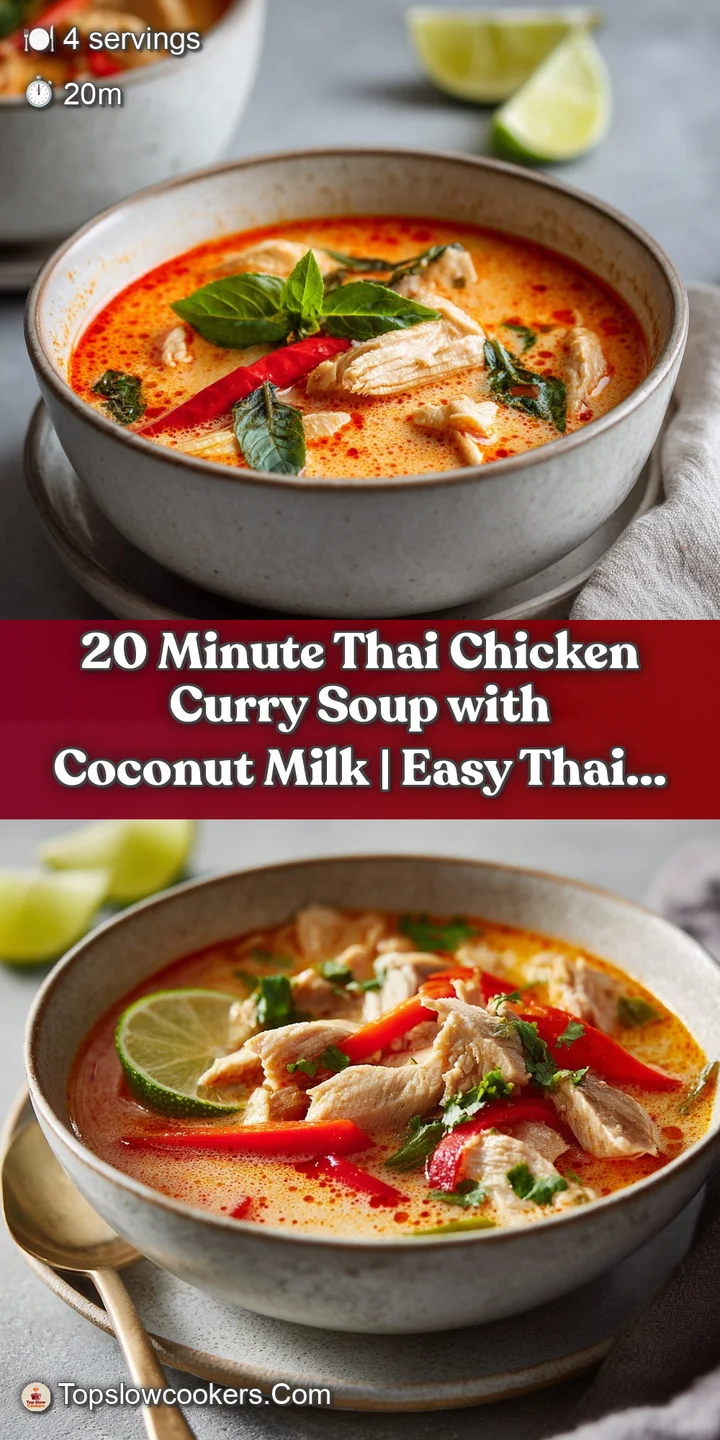 Close-up of a creamy coconut curry broth, revealing tender chicken pieces and colorful bell peppers.