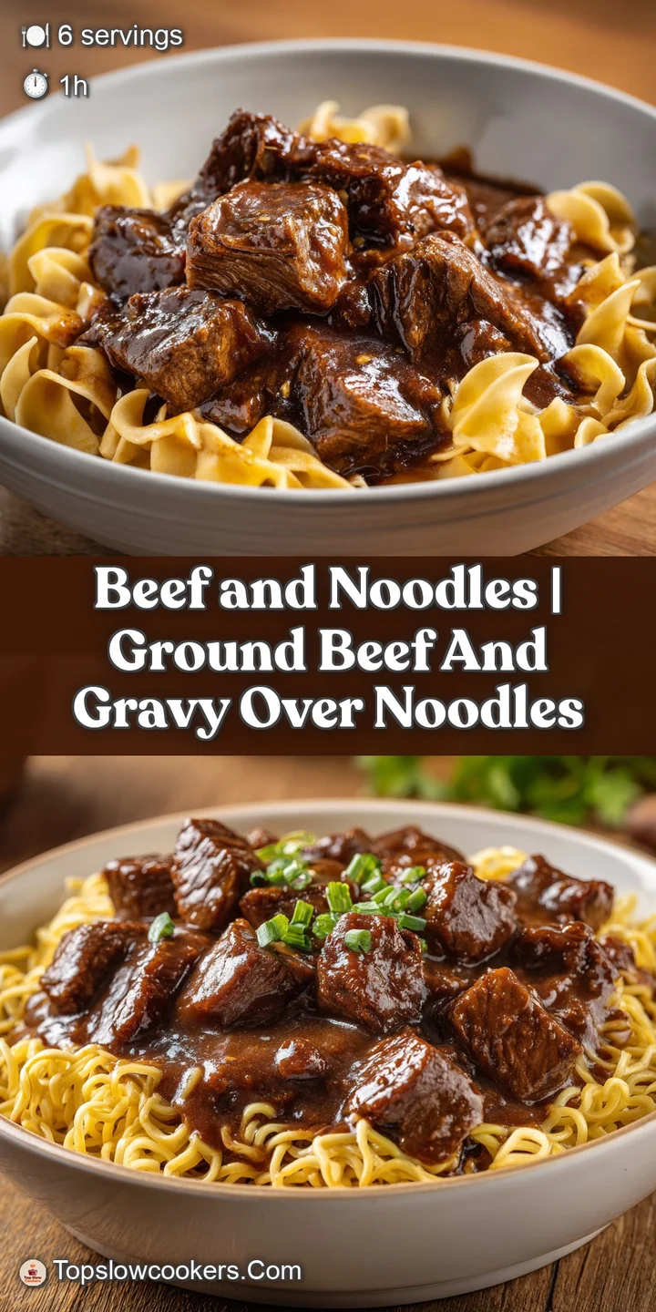 Extreme close-up of juicy brown beef chunks and soft noodles coated in a thick, shimmering, savory brown sauce.