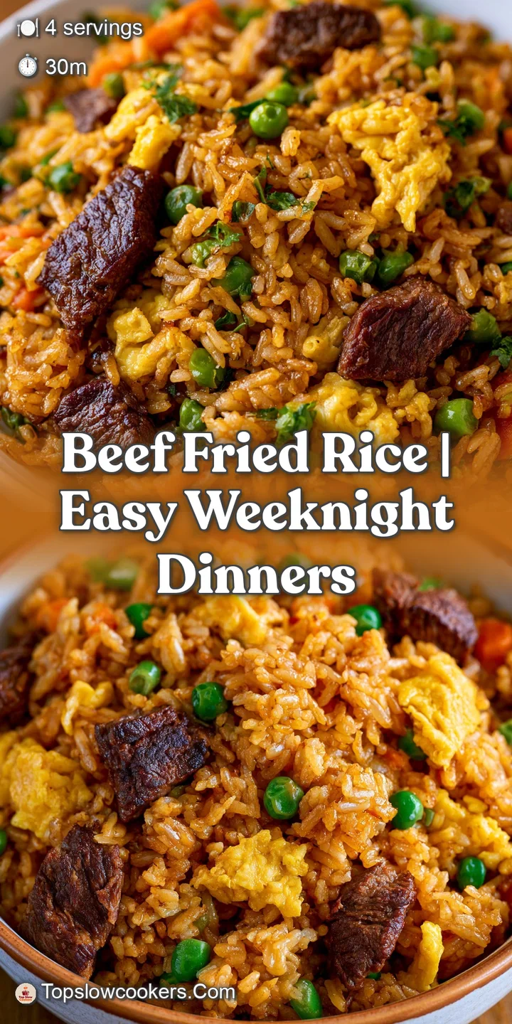 Extreme close-up of glistening rice grains, tender beef pieces, and vibrant orange carrots coated in a savory glaze.