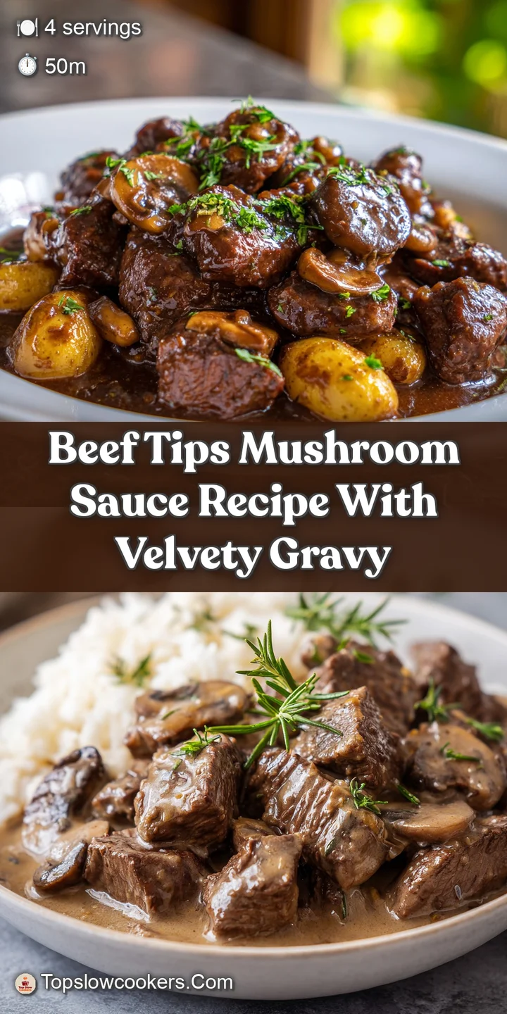 Close-up of savory beef tips glistening in a luscious mushroom sauce, inviting with its depth of color and tempting aroma.