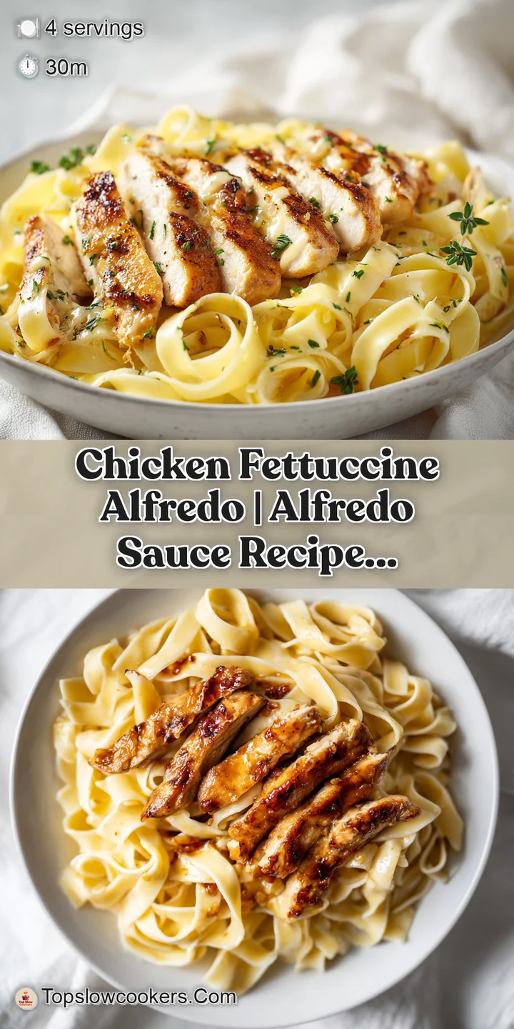 Macro shot of glossy white cream sauce coating wide pasta ribbons and juicy, browned chicken breast slices