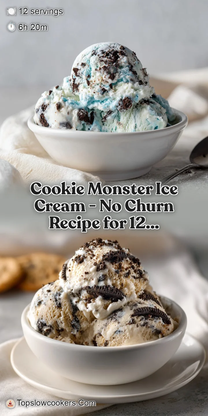 Close-up of creamy blue ice cream with chunky cookie pieces and dark chocolate chips.