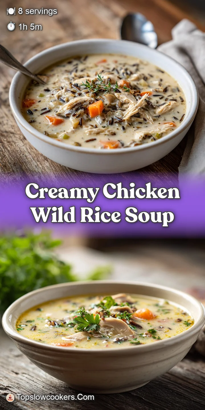 Close-up of creamy chicken wild rice soup, showcasing tender chicken pieces, fluffy rice, and vibrant green herbs in a ric...