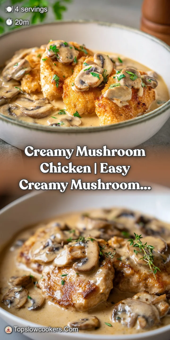 Close-up of tender chicken pieces coated in a glossy mushroom cream sauce with visible herbs and melted butter.