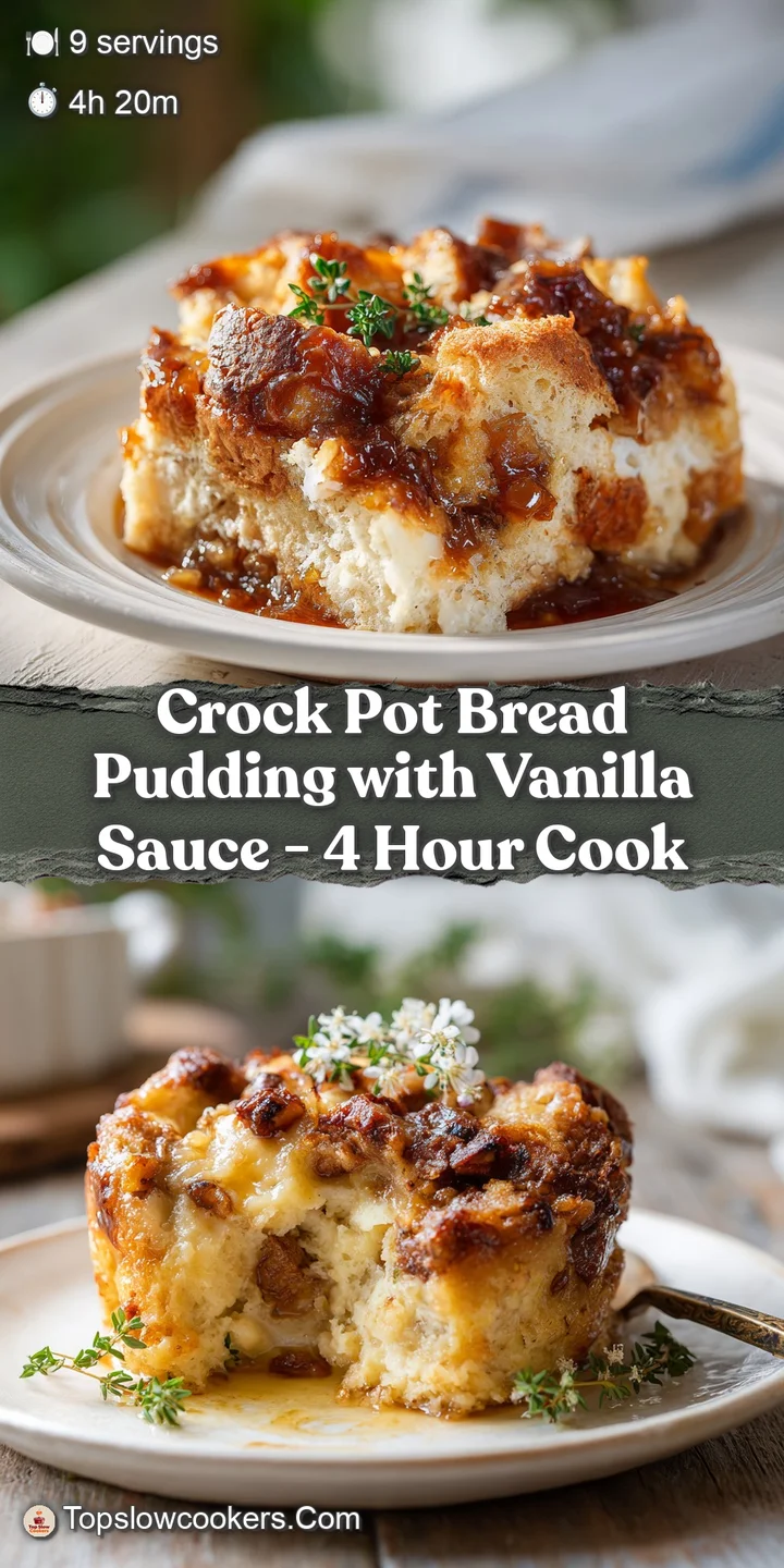 Close-up shot of rich bread pudding; warm, inviting amber sauce pools around the edges, promising a sweet, comforting treat.