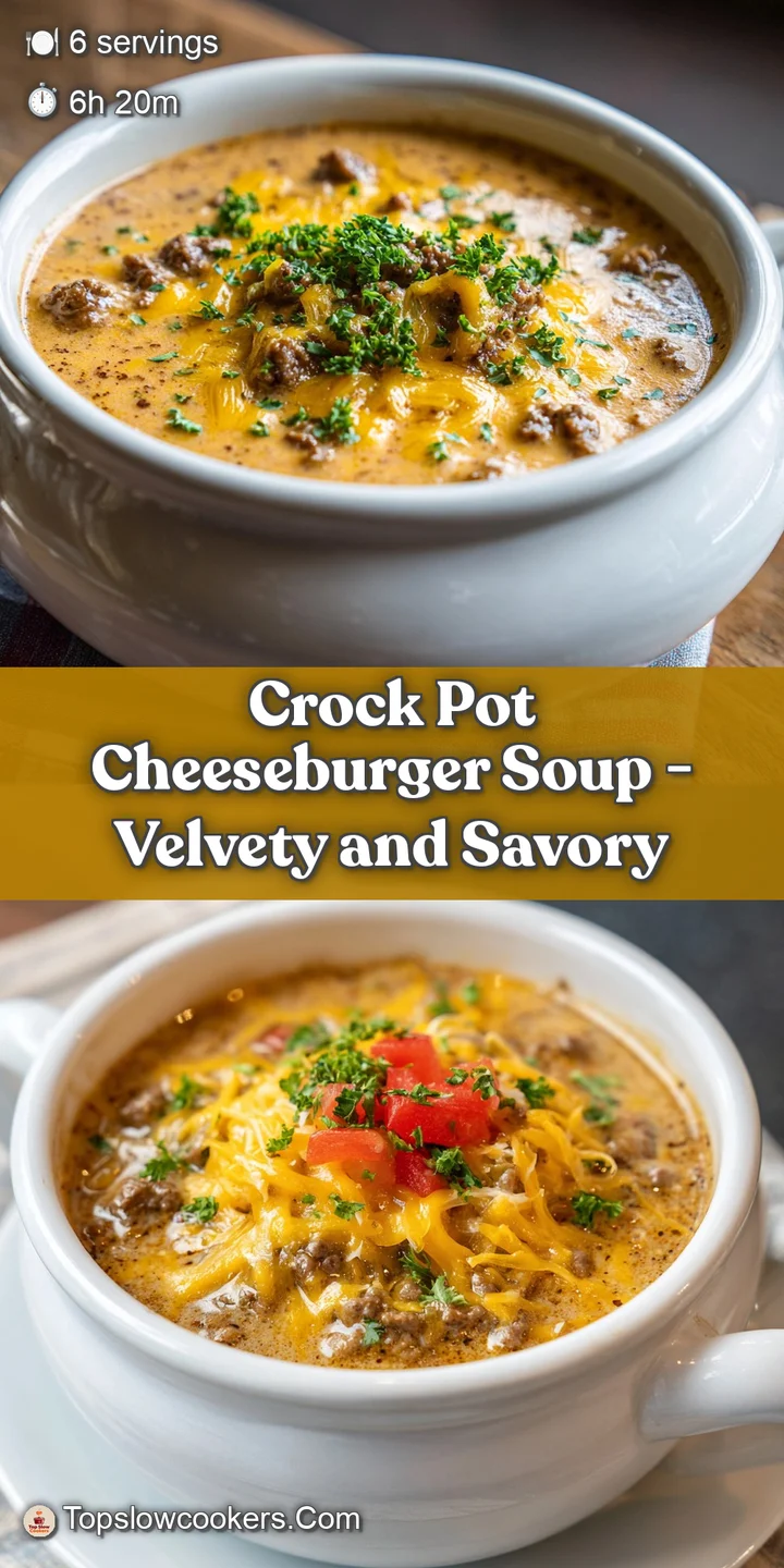 Close-up of warm, thick cheeseburger soup, highlighting the melted cheese, seasoned beef, and colorful flecks of vegetables.