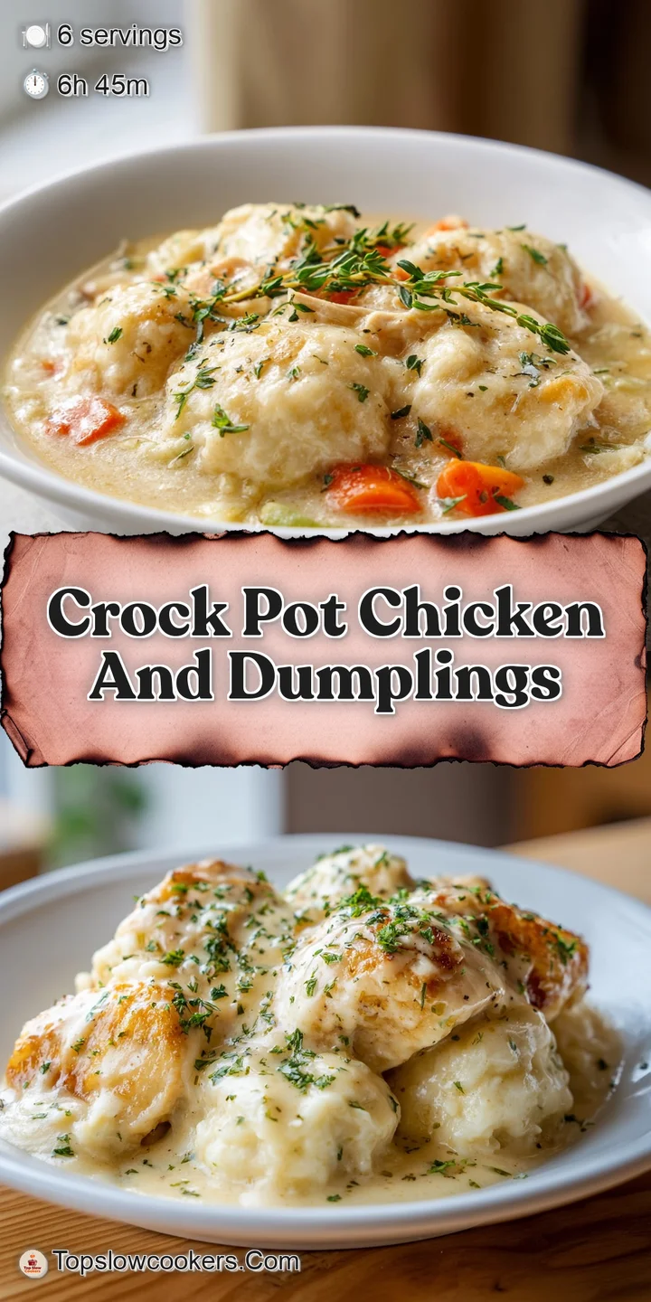 Close-up of tender, shredded chicken and plump, pillowy dumplings swimming in a rich, creamy sauce, glistening with savory...