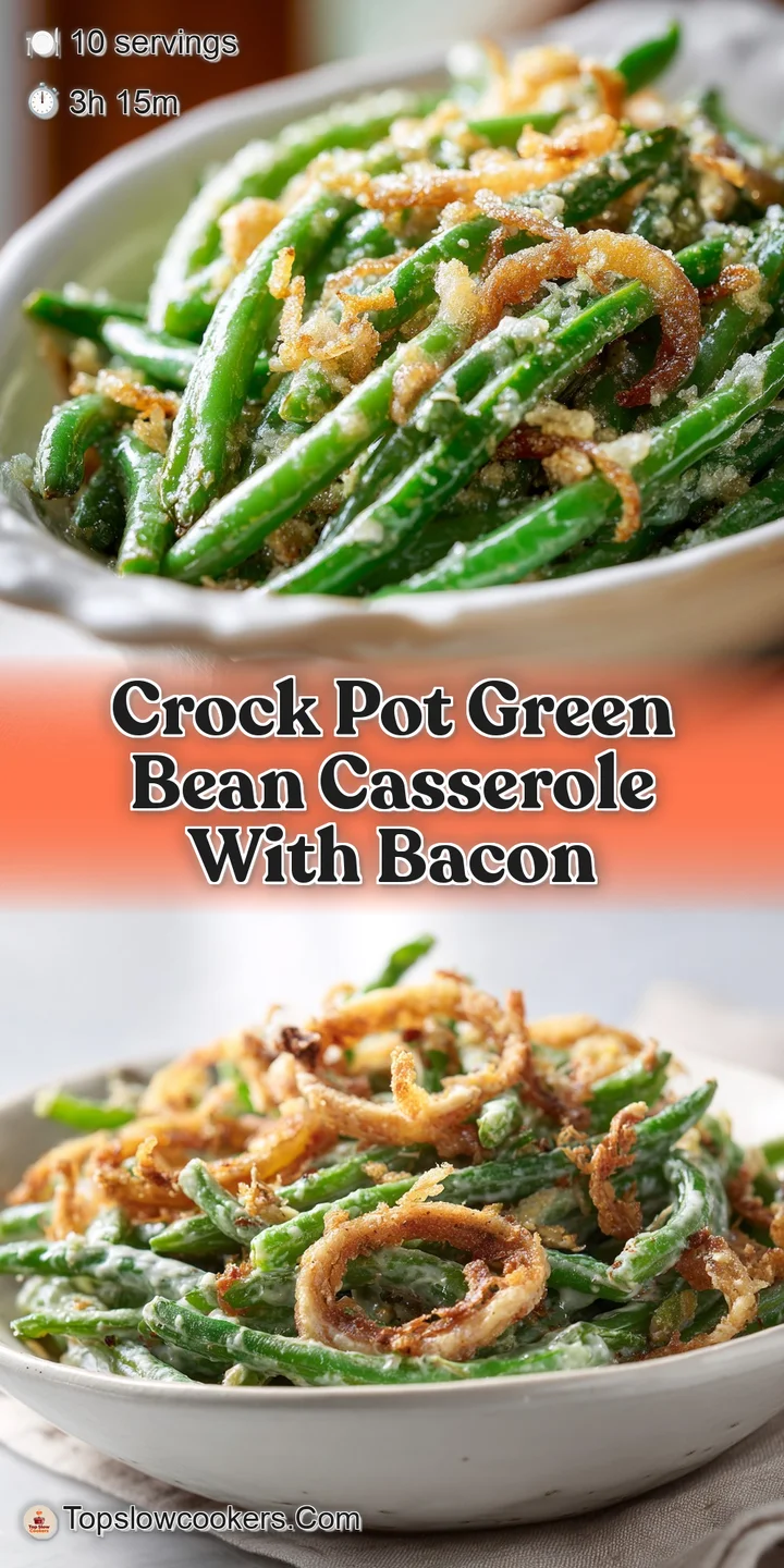 Close-up of a green bean casserole: a luscious, creamy mixture of beans peeking through a golden, crispy onion topping.