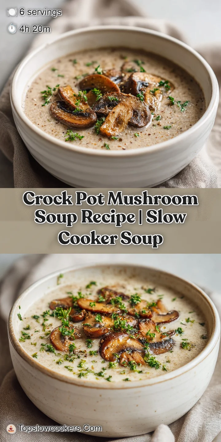 Close-up of rich, dark mushroom soup with visible mushroom slices and glistening broth, promising an intensely flavorful e...