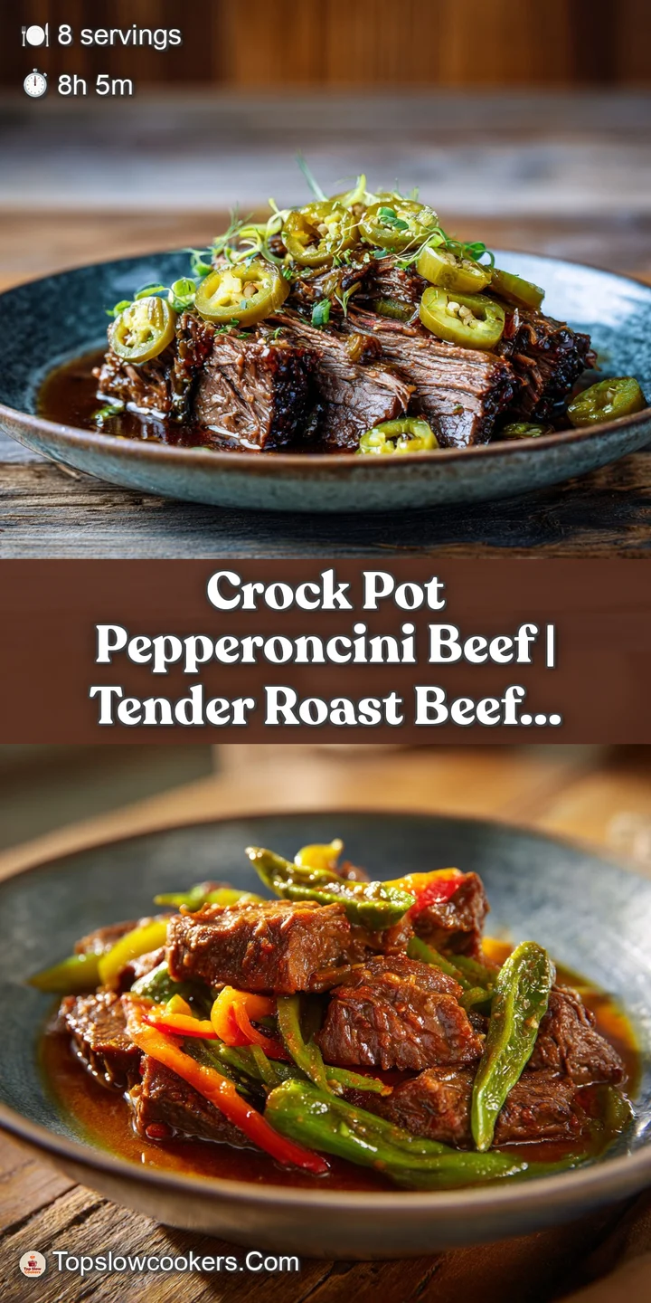 Close-up of glistening, slow-cooked beef, strands pulling apart, mixed with vibrant green pepperoncini. Juicy and flavorful.