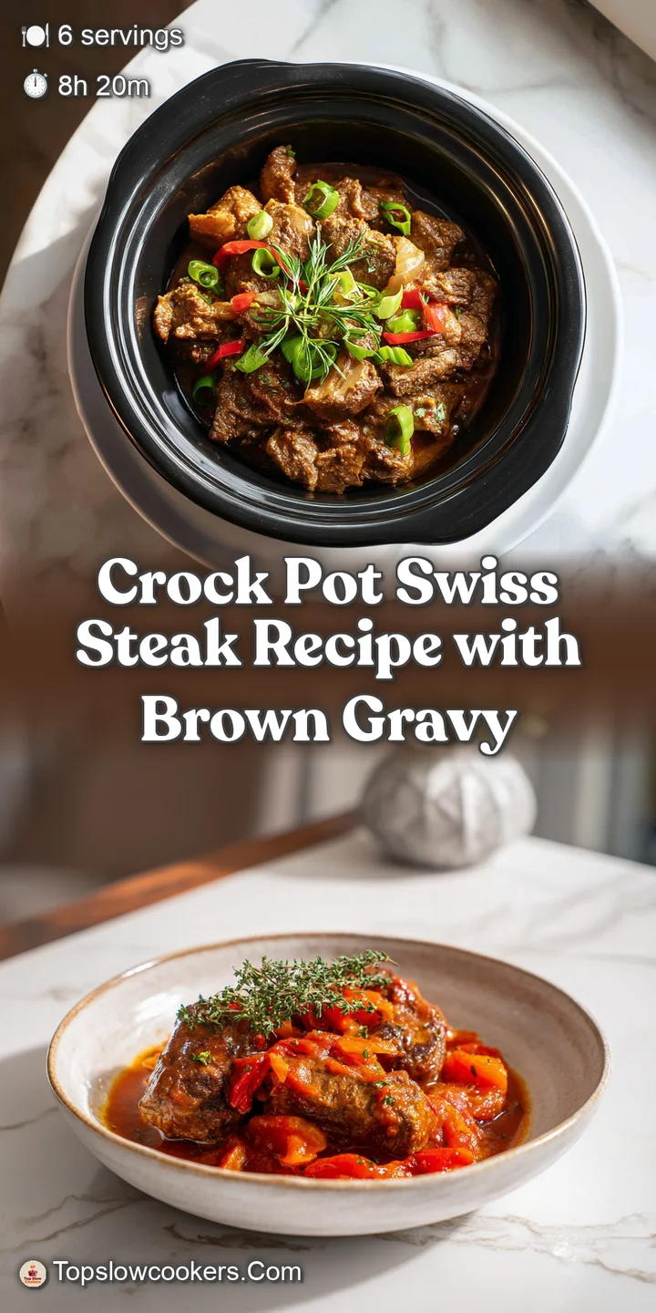 Close-up of fork tender swiss steak simmering in a deeply flavorful, caramelized onion and bell pepper gravy.