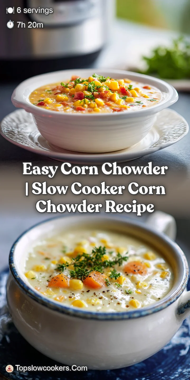 Close-up of corn chowder highlighting the golden corn, creamy texture, and smoky bacon. A spoon dips in, hinting at warmth.