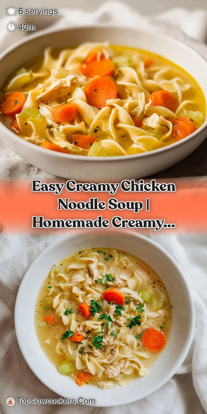 Close-up of tender chicken chunks and curly egg noodles swimming in a rich, silky cream broth with orange carrots.
