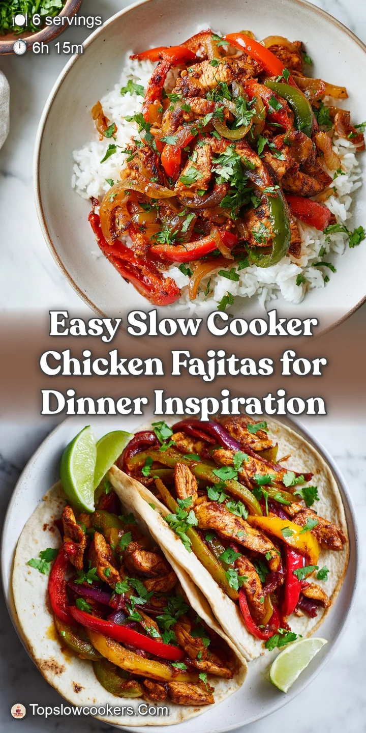 Close-up of tender, shredded chicken fajitas overflowing from a slow cooker, showcasing the vibrant colors and enticing ar...