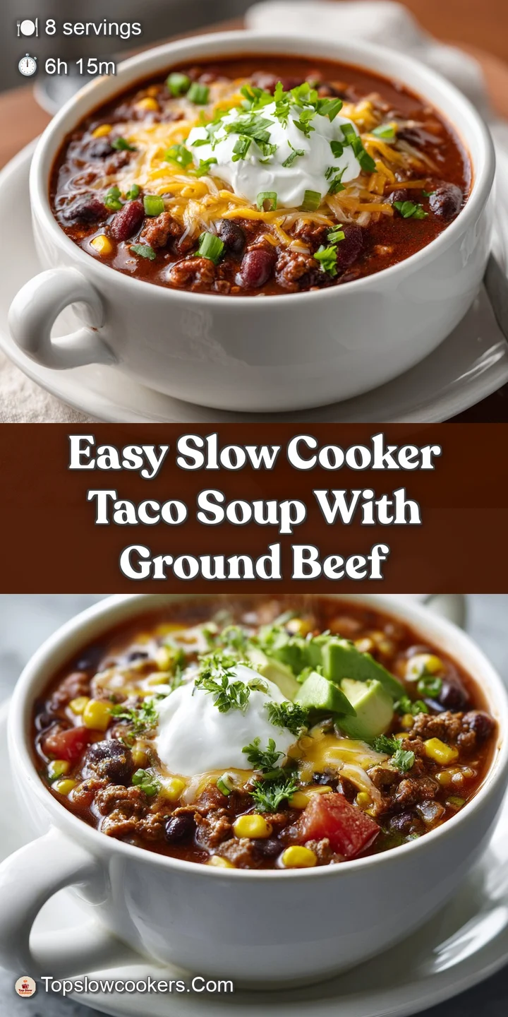 Close-up of rich taco soup, showcasing the textures of ground beef, beans, corn, and a sprinkle of vibrant cilantro.