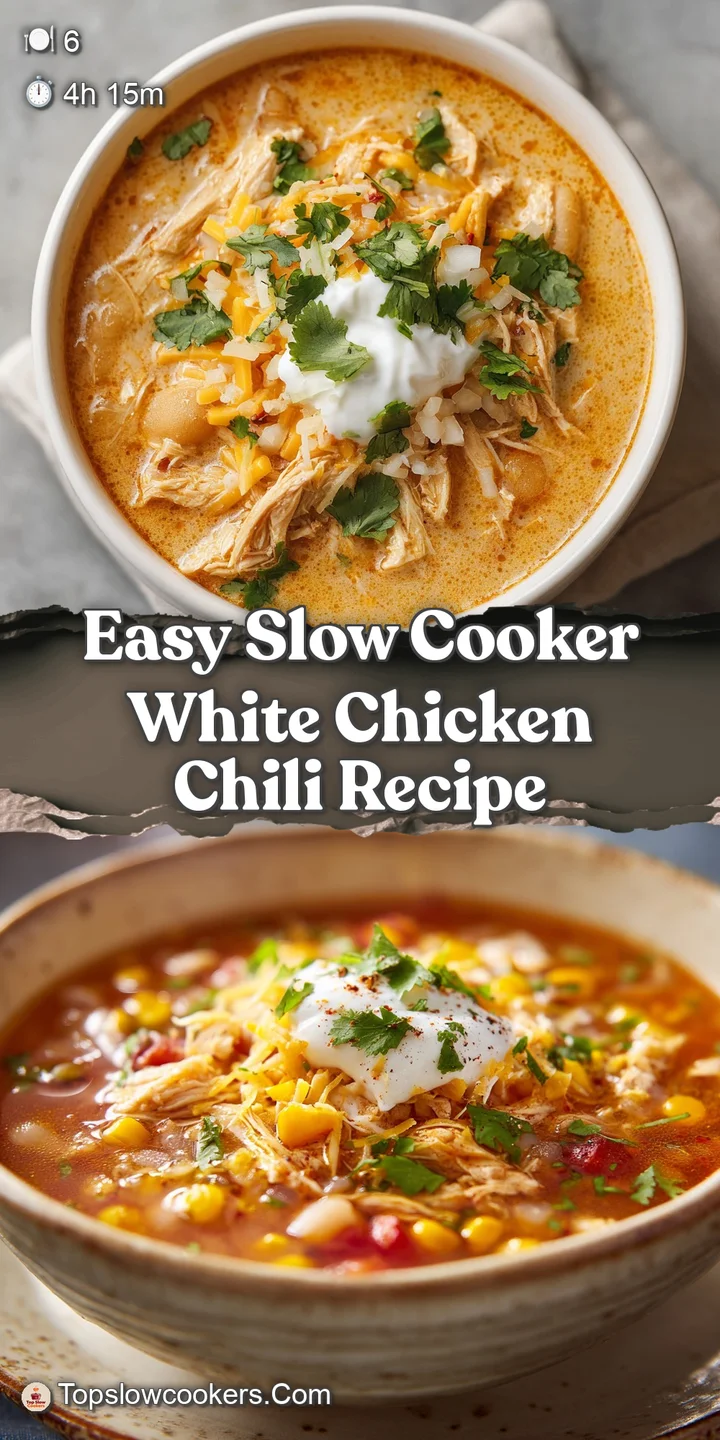 Close-up shot of slow cooker white chicken chili, revealing tender chicken, creamy broth, and colorful flecks of peppers a...
