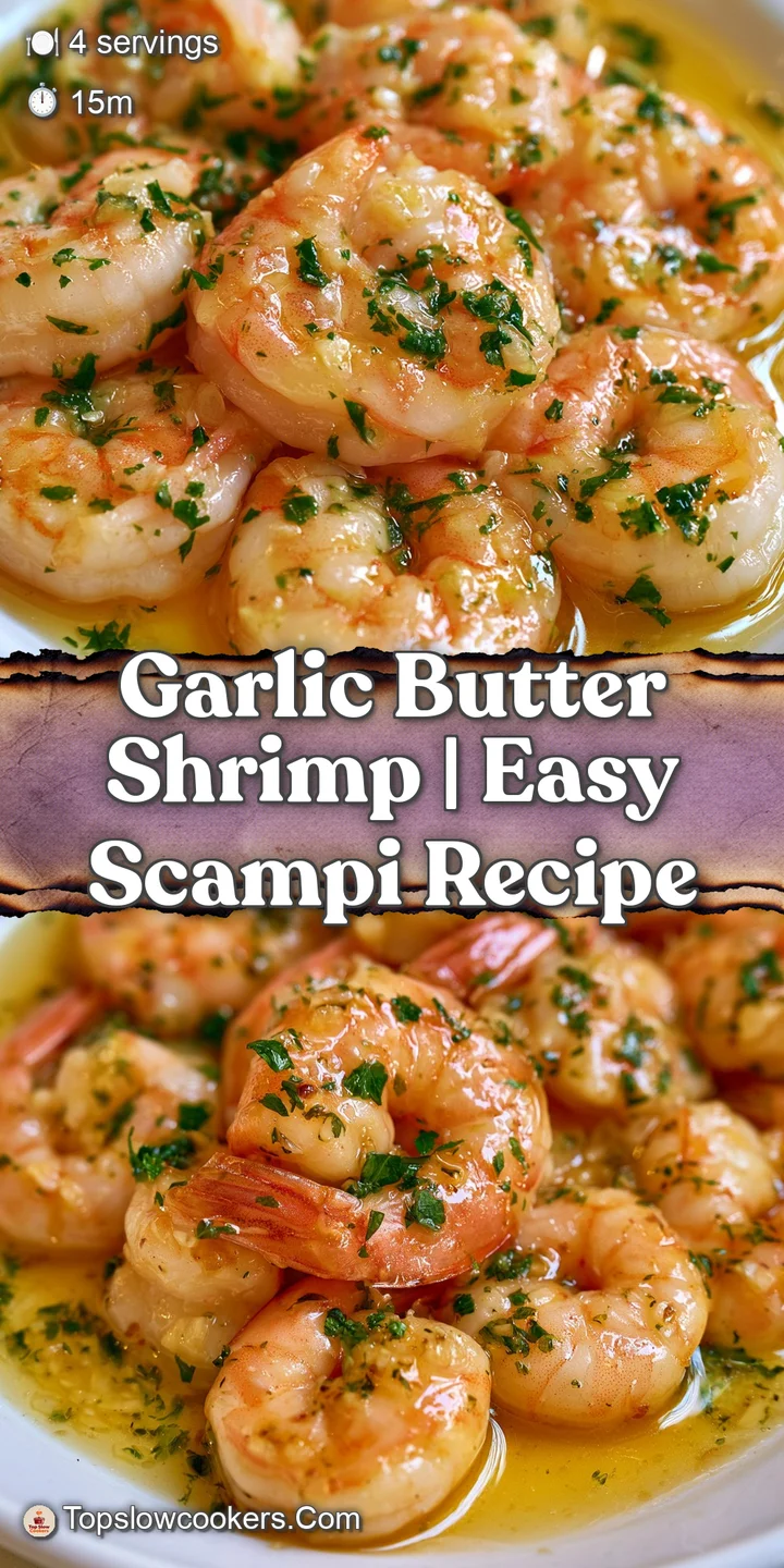 Macro shot of a glistening, pink shrimp coated in melted butter and toasted garlic with a sprinkle of parsley.