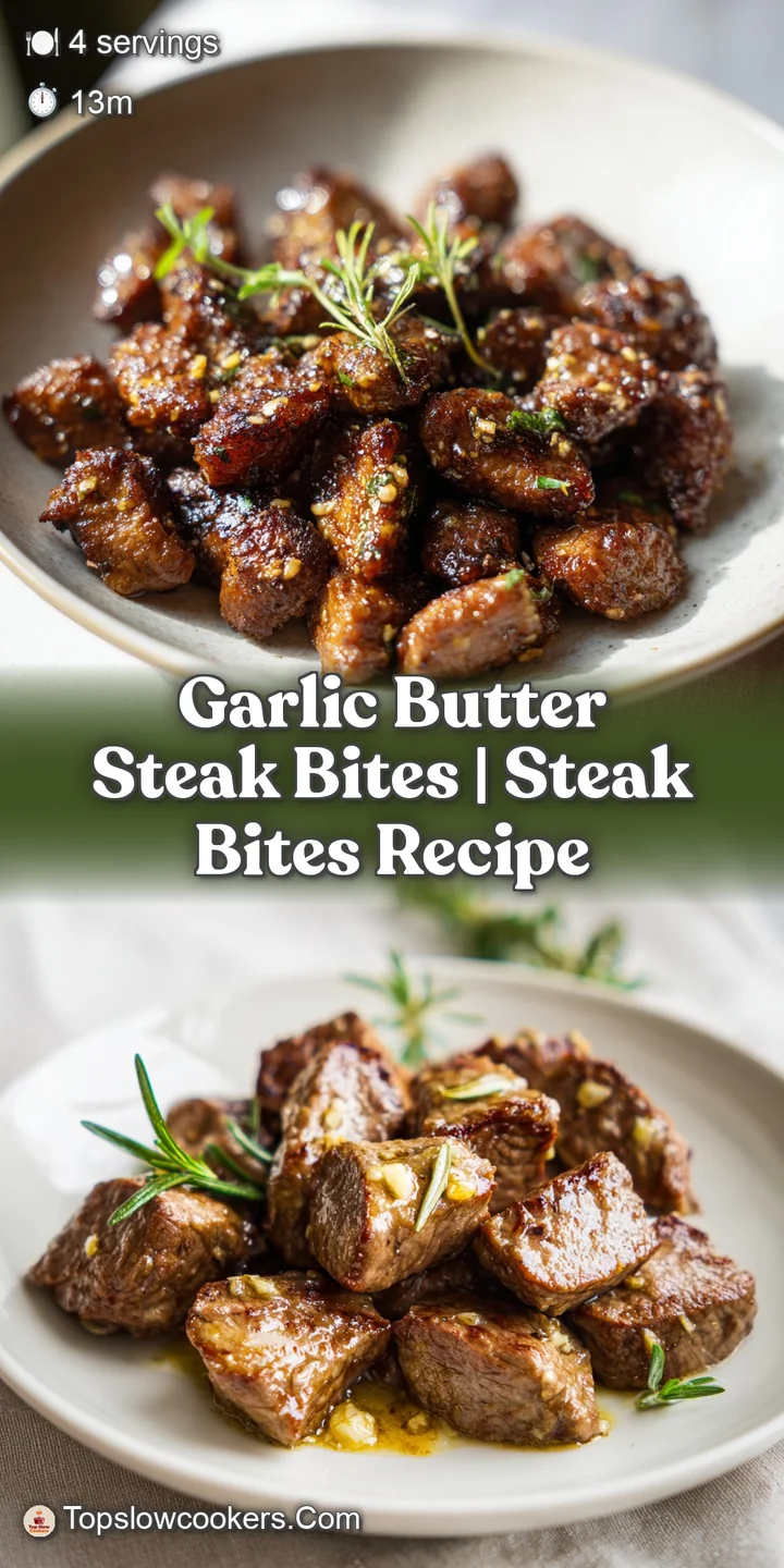 Extreme close-up of juicy, seared beef cubes coated in a glossy garlic butter sauce with tiny golden garlic bits.