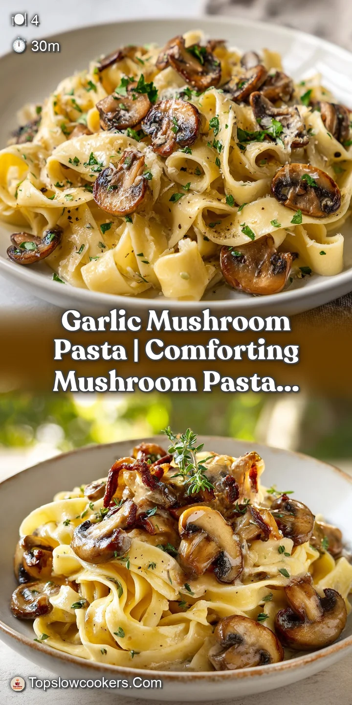 Macro shot of buttery, golden mushrooms and silky pasta strands glistening with a rich, creamy garlic butter glaze.