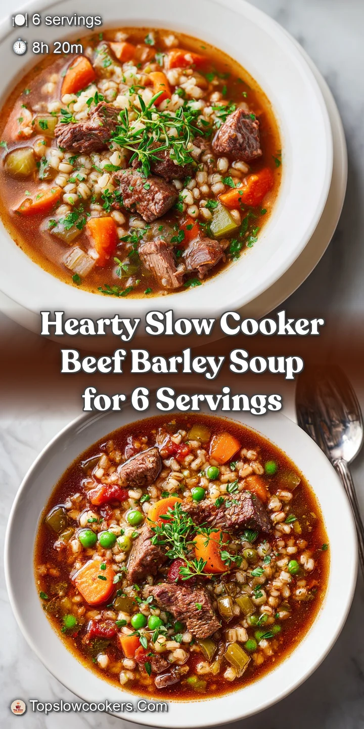 Close-up of savory beef barley soup with visible steam rising, showcasing tender beef and plump barley in a deep, flavorfu...