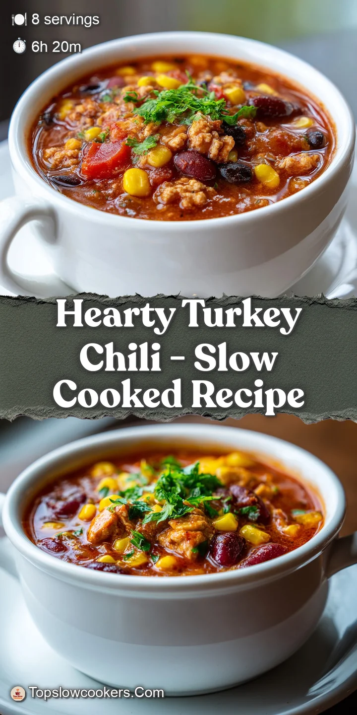 Close-up of savory turkey chili showing the tender meat, plump beans, and colorful vegetables in a thick, flavorful sauce.