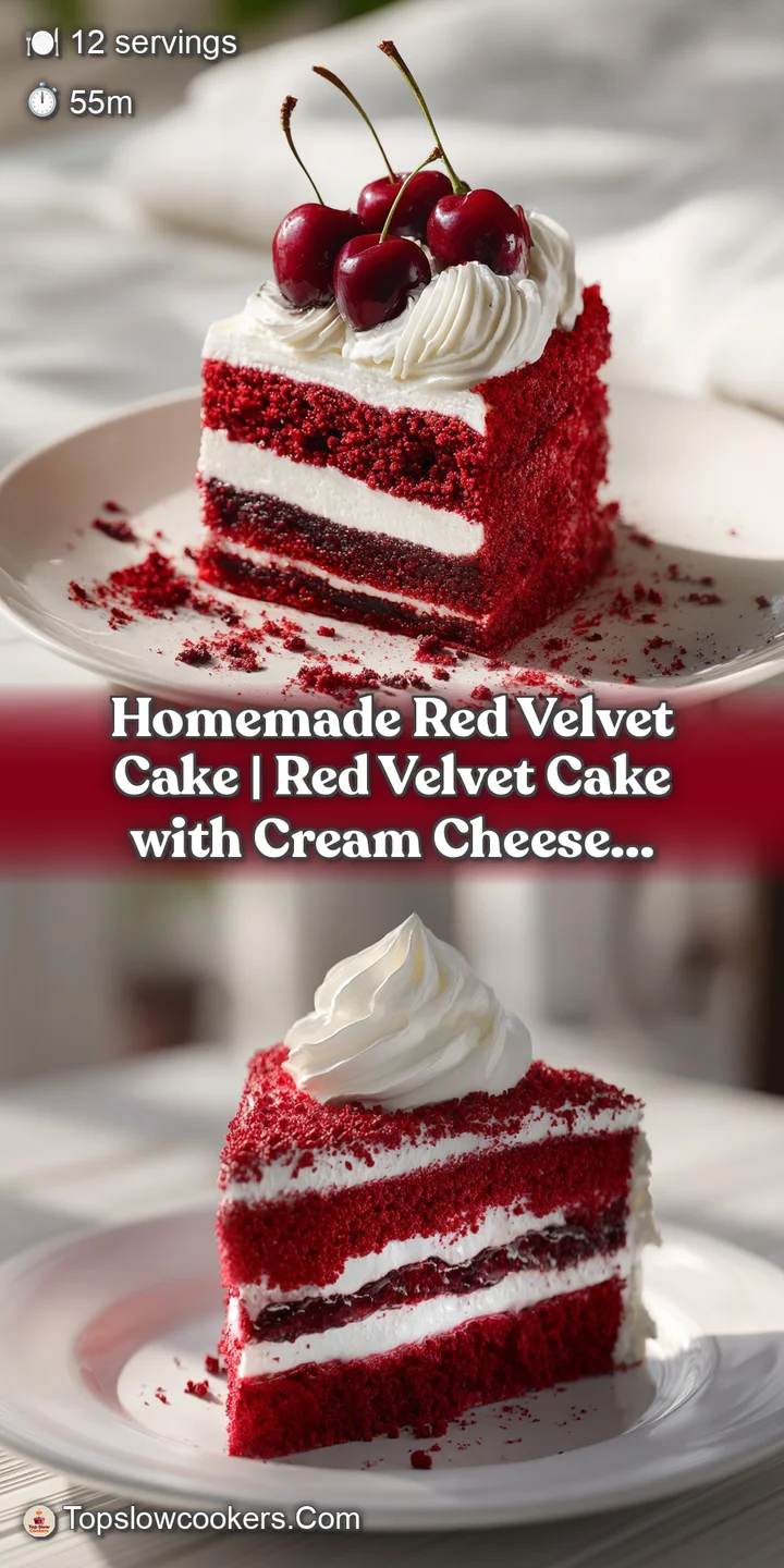 Close-up of moist red velvet cake crumb topped with luscious, smooth cream cheese frosting.