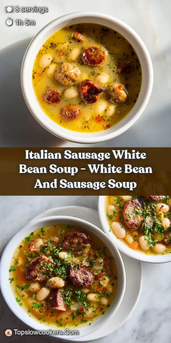 Close-up of browned sausage crumbles and tender white beans swimming in a savory golden broth with bright green kale.