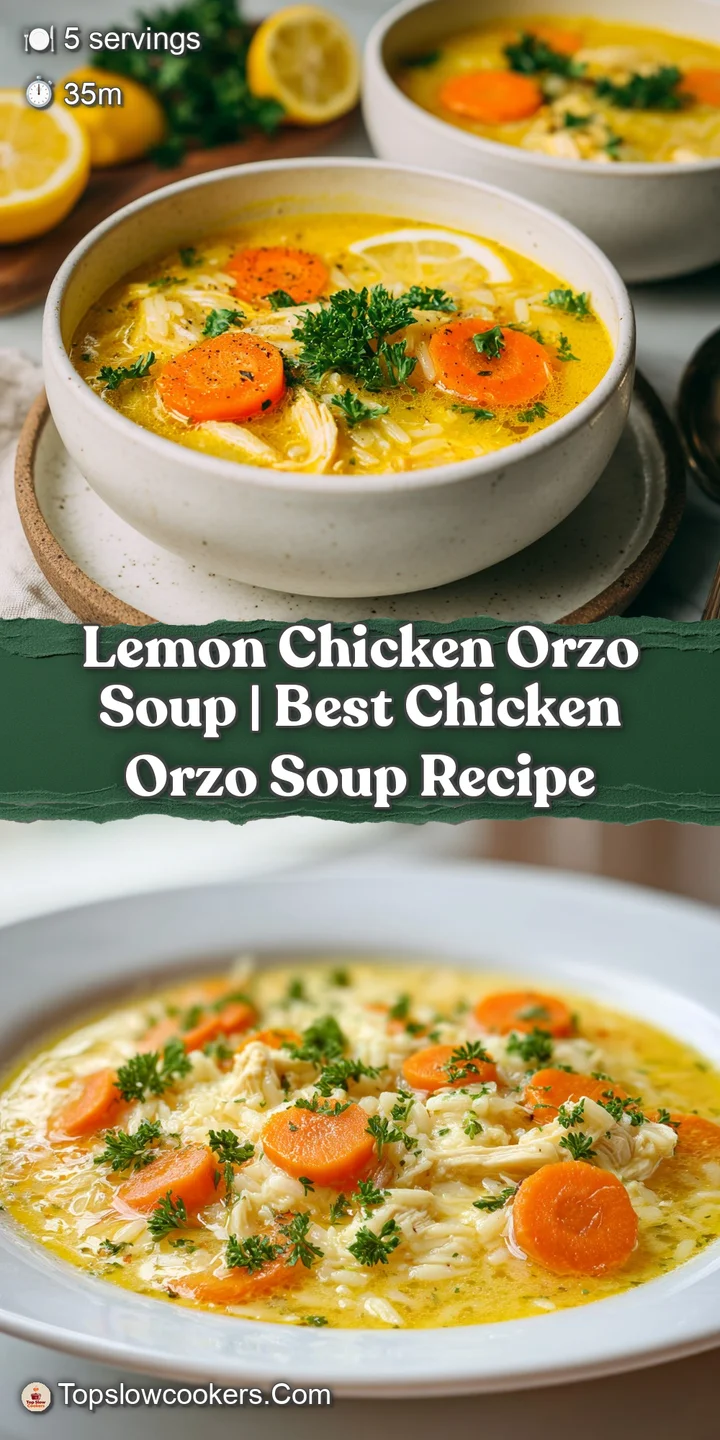 Close-up of tender chicken chunks and pearly orzo pasta glistening in a vibrant, citrusy golden yellow broth.