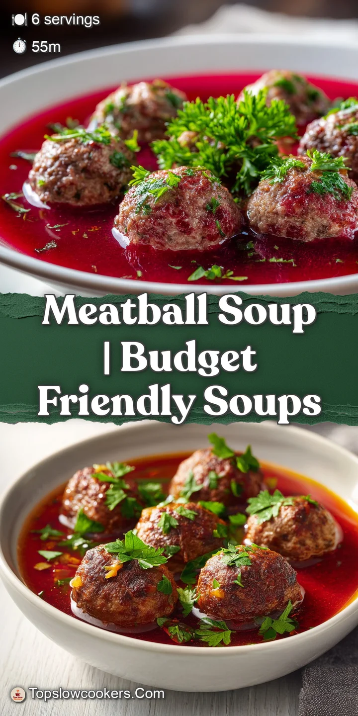Close-up of a tender brown meatball glistening in a golden broth with a sprig of fresh green herbs on top.