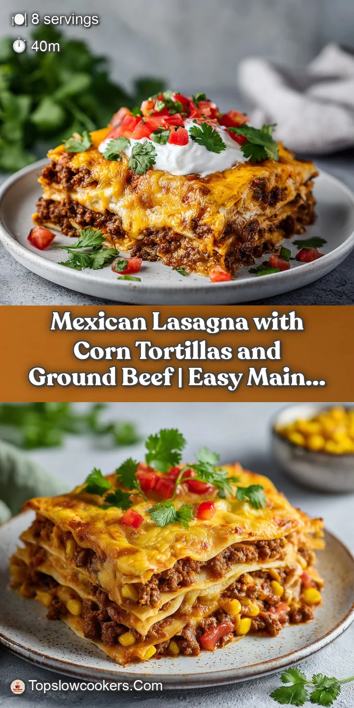 Close-up of bubbling, cheesy Mexican lasagna with tender ground beef and a hint of corn tortilla texture.
