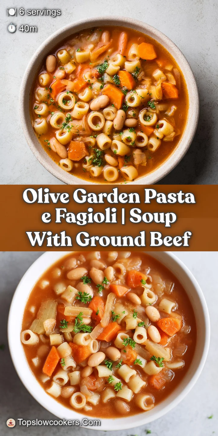 Close-up of tender cannellini beans and ditalini pasta glistening in a thick, vibrant red tomato and vegetable broth.