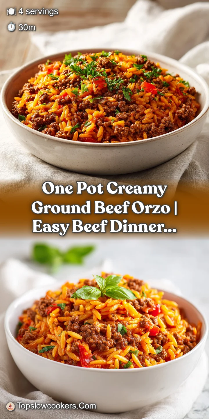 Close-up of luscious orzo pasta coated in a rich, creamy sauce with visible pieces of seasoned ground beef and wilted spin...