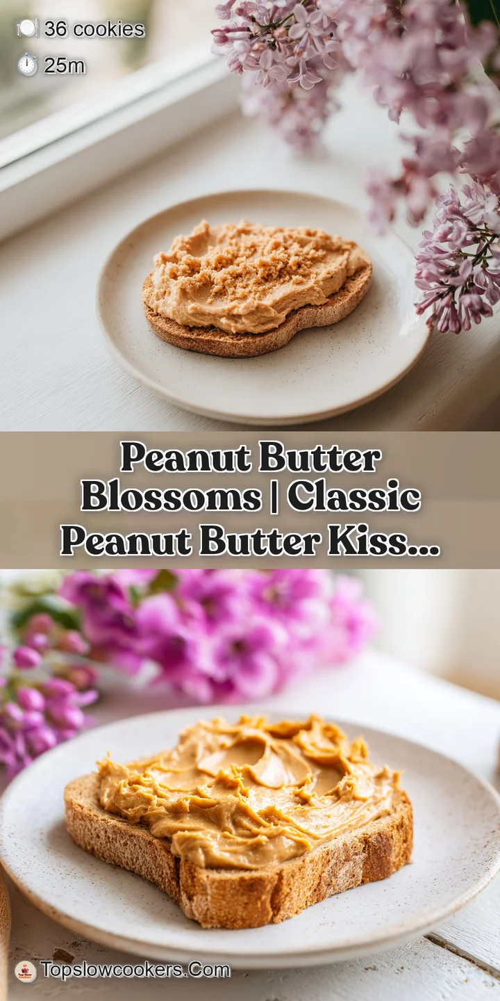 Close-up of a crinkly peanut butter cookie with a shiny chocolate kiss pressed into its center.
