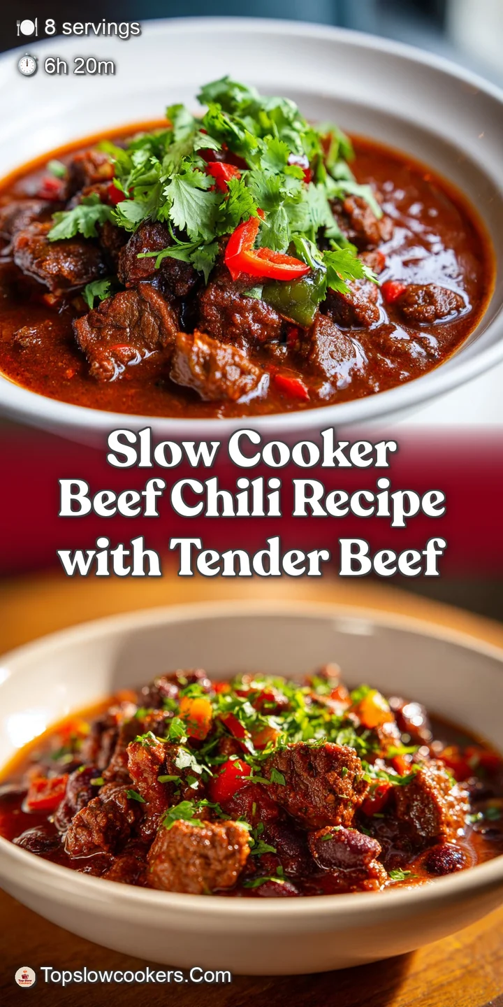 Close-up of chunky beef chili, showcasing tender meat, soft beans, and glistening droplets of flavorful broth. A tempting ...