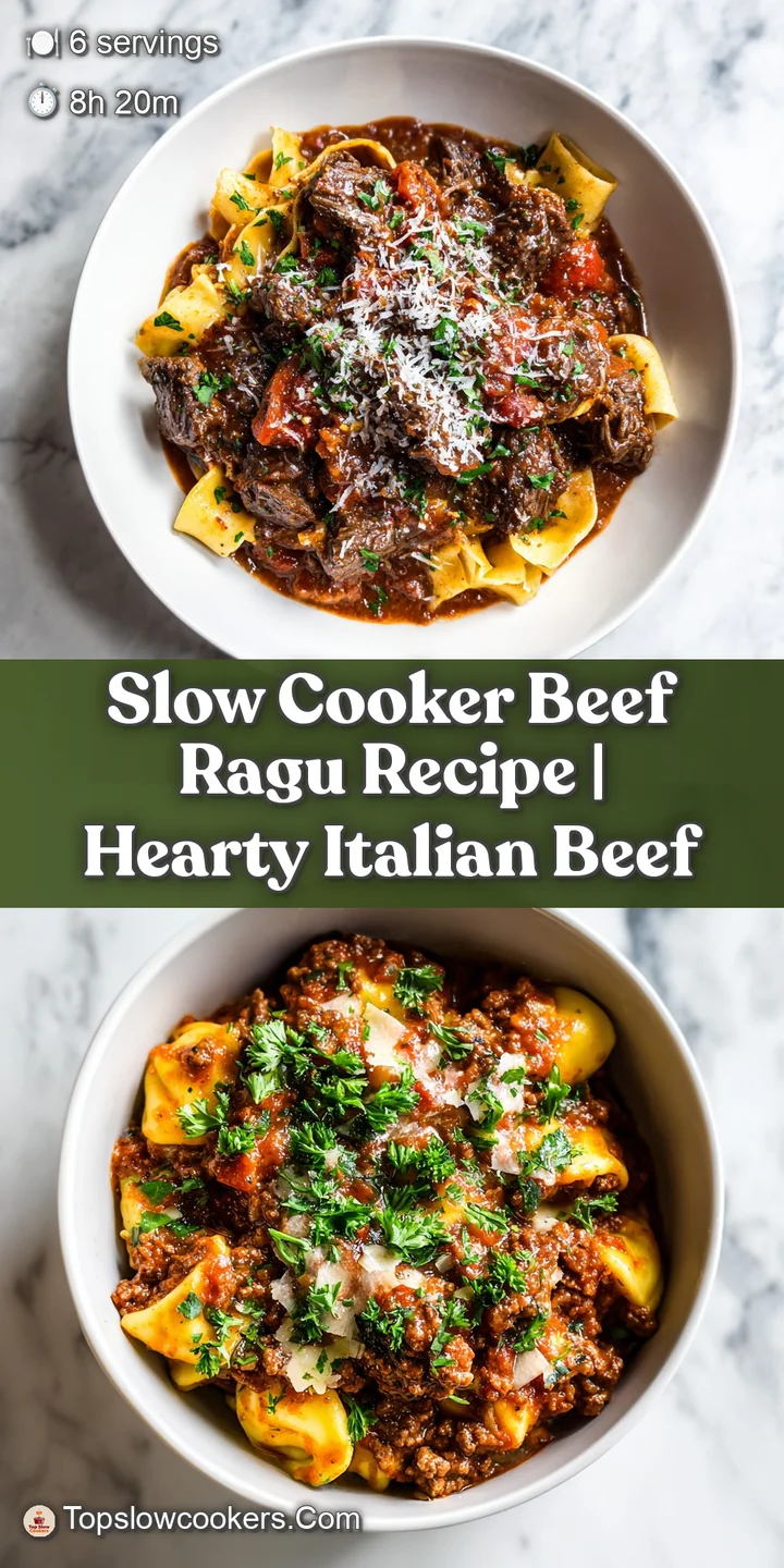 Close-up of hearty beef ragu with glistening sauce, highlighting the tender, shredded meat and the promise of savory flavo...