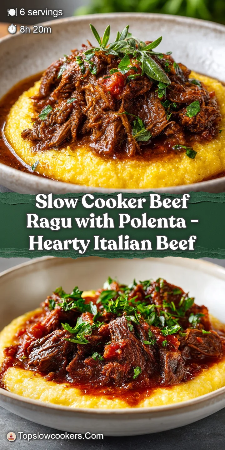 Close-up of slow-cooked beef ragu: glistening, shredded beef in a deep red sauce, showcasing the savory texture and rich c...