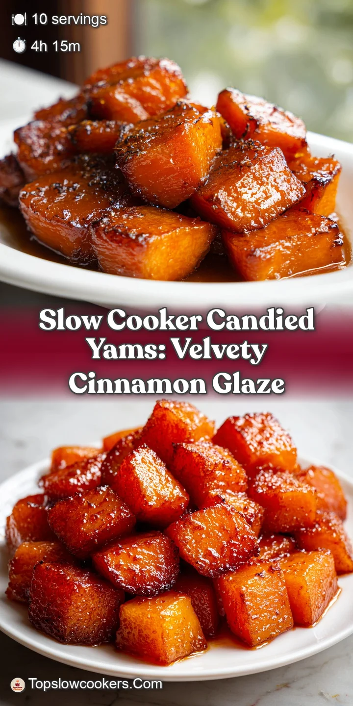 Close-up of soft, glistening candied yams, showing the caramelized edges and a sprinkle of crunchy, chopped pecans. Warm a...