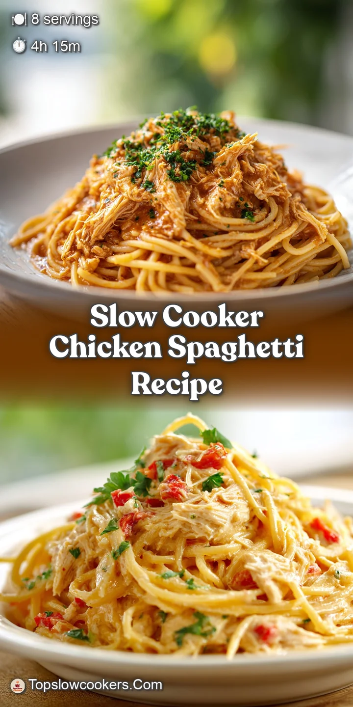 Close-up of slow-cooked chicken spaghetti, showing creamy texture, juicy chicken, and vibrant green parsley. An appetizing...