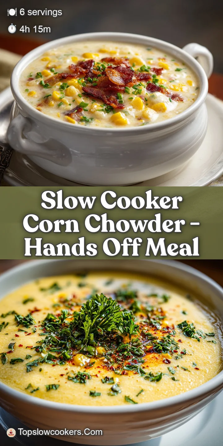 Close-up of thick, rich corn chowder with visible kernels of corn. Steam rises enticingly from the warm, comforting soup.