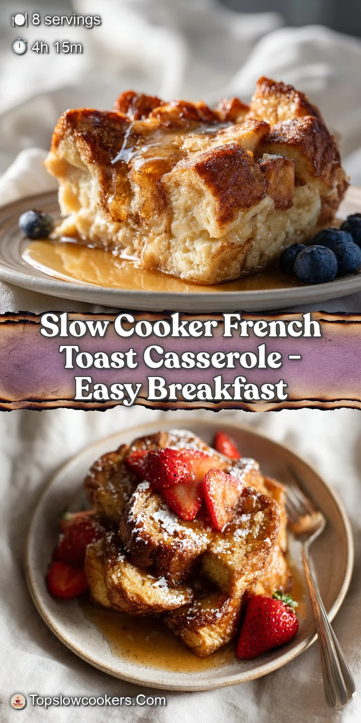 Close-up of baked french toast casserole: crispy edges, soft interior, glistening syrup. Inviting and warm, perfect for br...