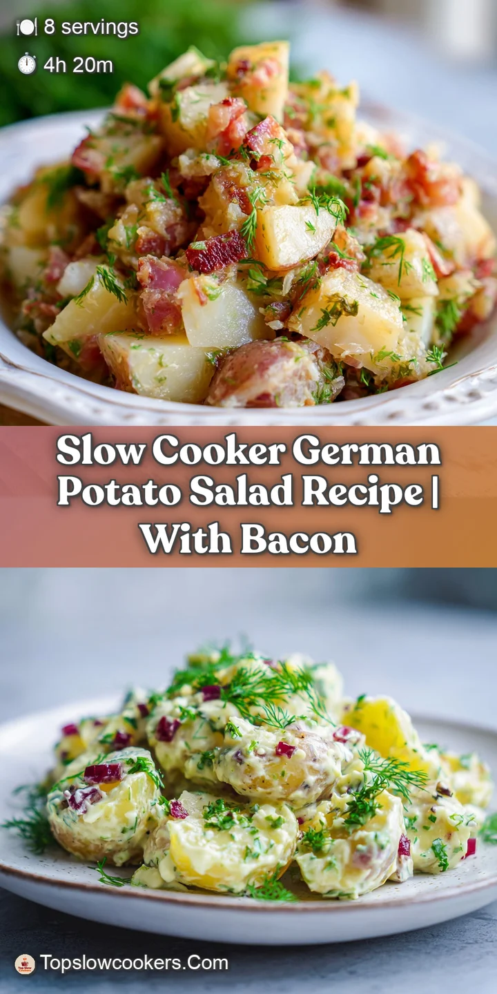 Close-up of German potato salad showcasing glistening potatoes, crisp bacon bits, and a creamy, slightly opaque dressing.