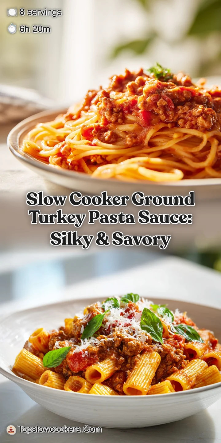 Close-up of chunky ground turkey pasta sauce. Steaming and glistening, with visible herbs and spices. Ready to eat.
