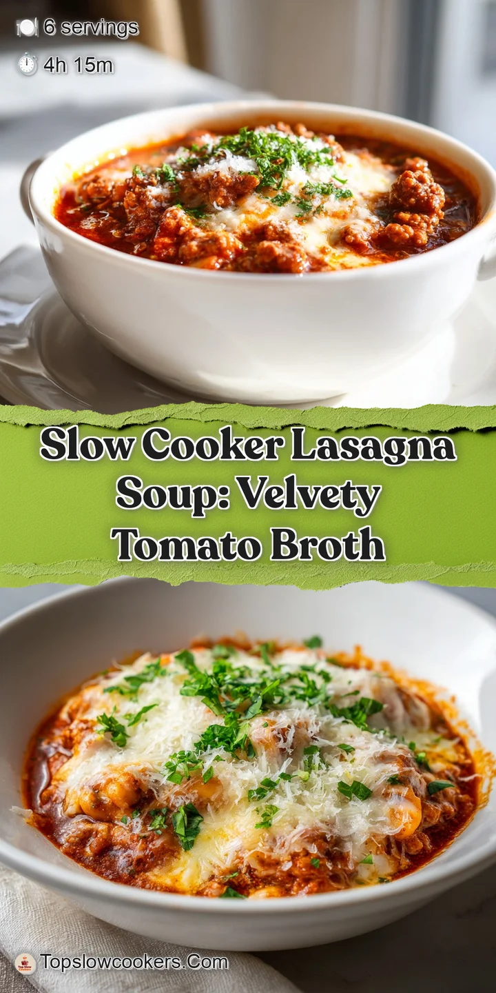 Close-up shot of lasagna soup, highlighting the texture of the noodles, ground meat, and melted cheese. Vibrant colors and...