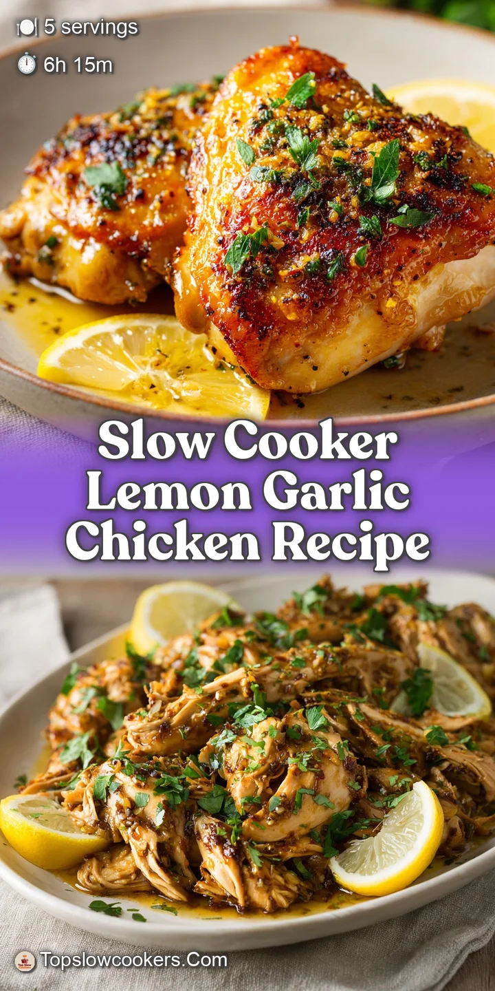 Close-up of glistening, flavorful slow-cooked chicken in lemon-garlic sauce. A tantalizing, appetizing preview.