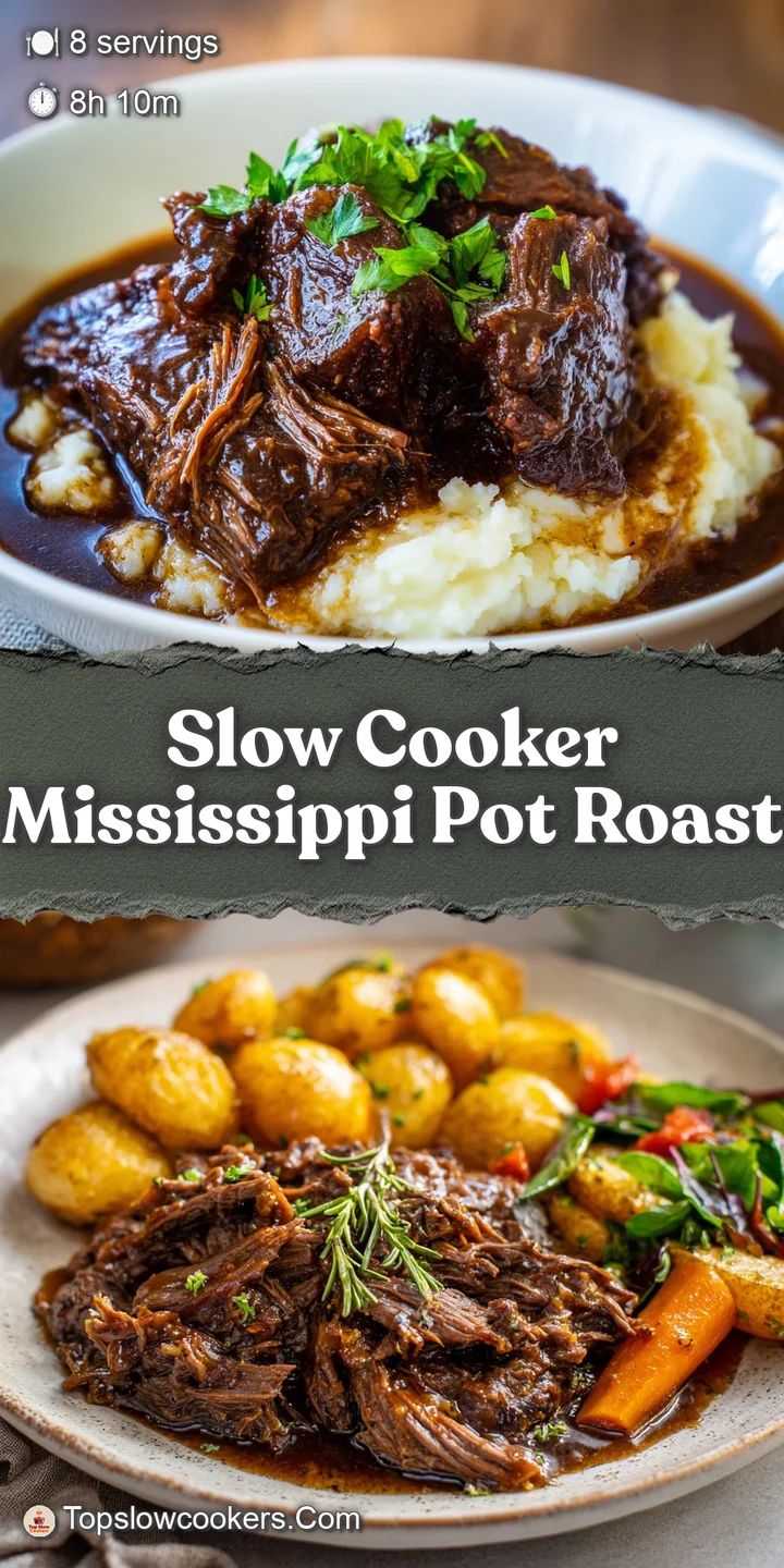 Close-up of juicy, melt-in-your-mouth shredded beef, saturated with flavorful brown gravy and flecks of herbs.