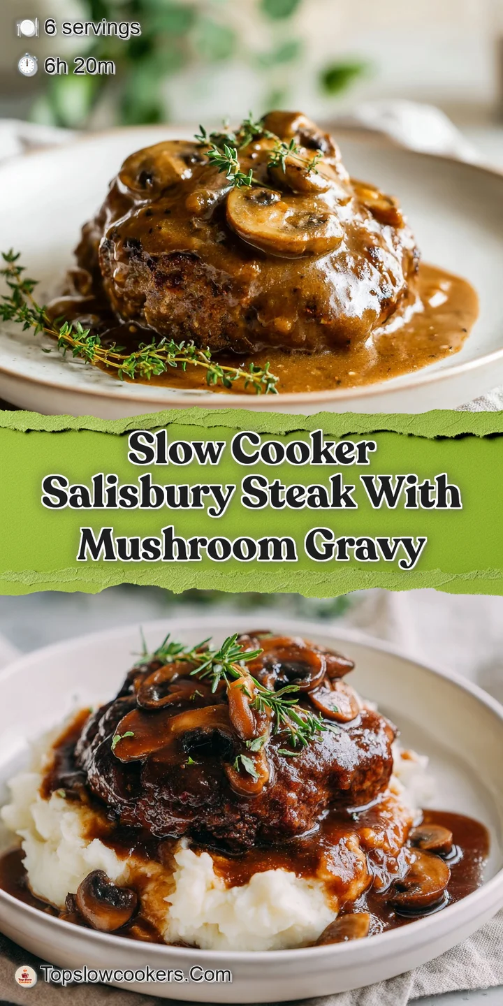 Close-up of a tender Salisbury steak smothered in a savory mushroom gravy, glistening with warmth.