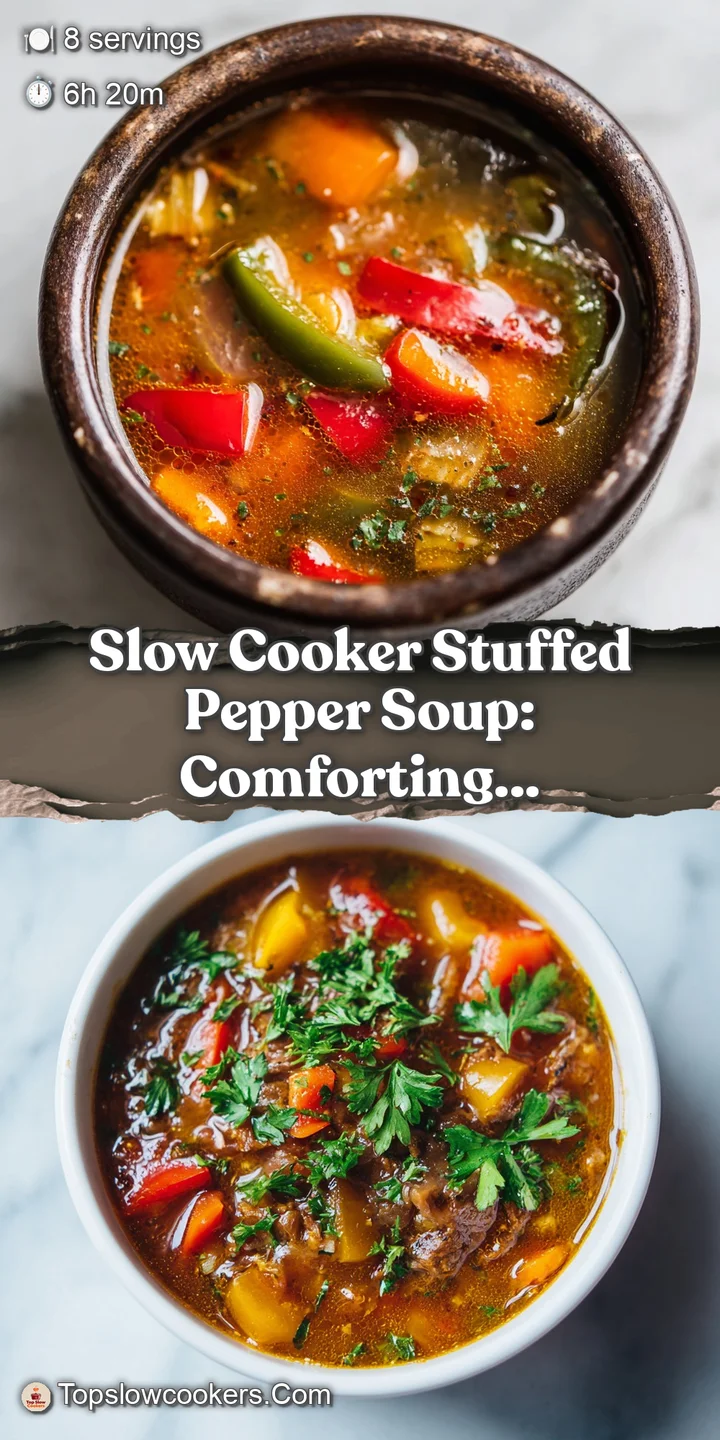 Close-up of rich, red pepper soup, showcasing tender ground beef, soft rice, and colorful bell peppers in a savory broth.